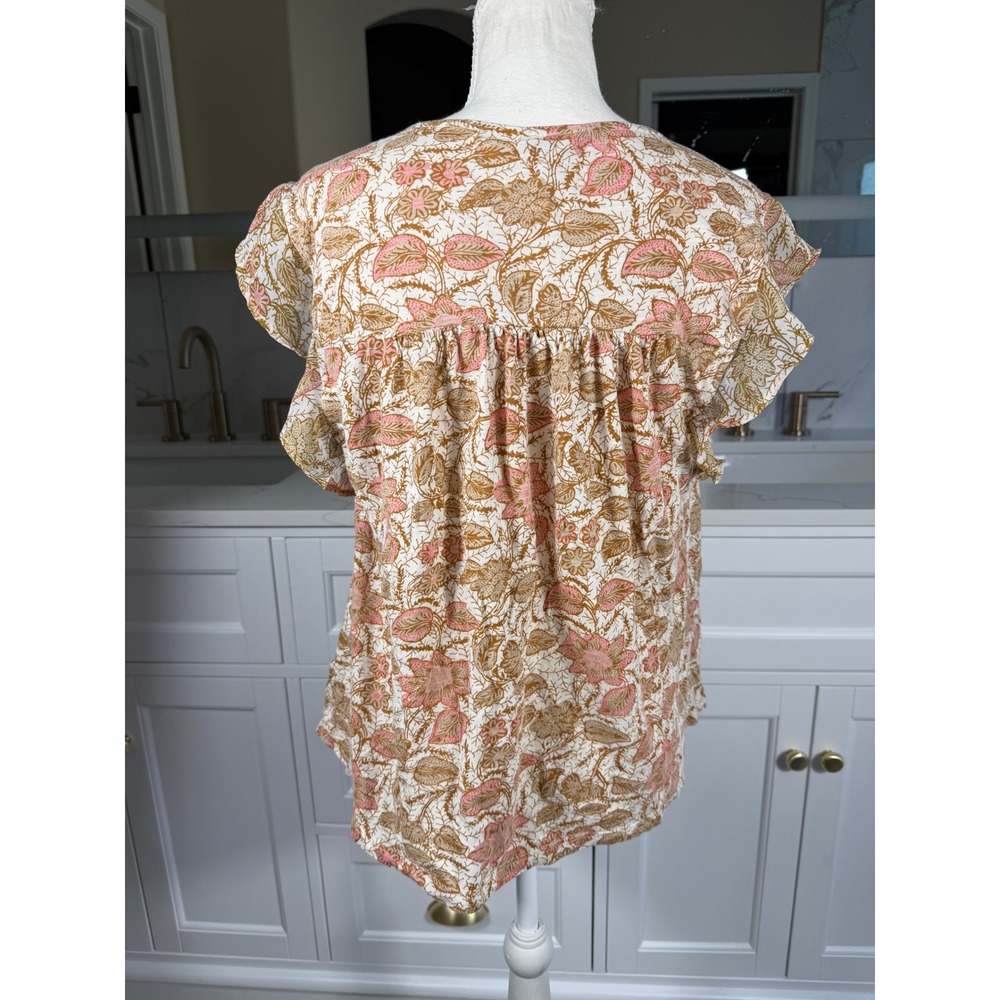 Lucky Brand Floral Top Womens Large Pink Tan Flutter Sleeve V Neck Boho - Picture 3 of 12
